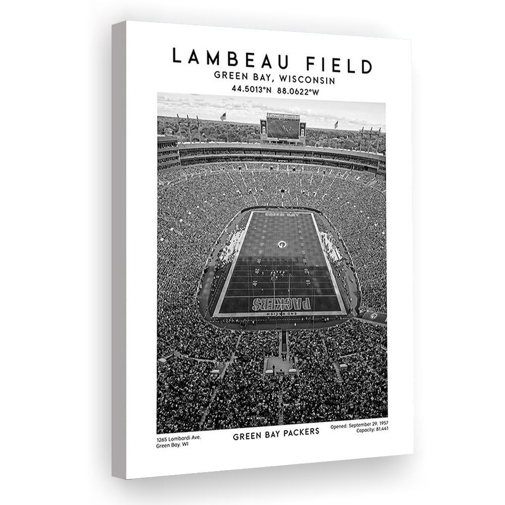 Lambeau Field Stadium Black And White, Green Bay Packers Football Stadium Print, Canvas Prints Wall Art, Man Cave Decor