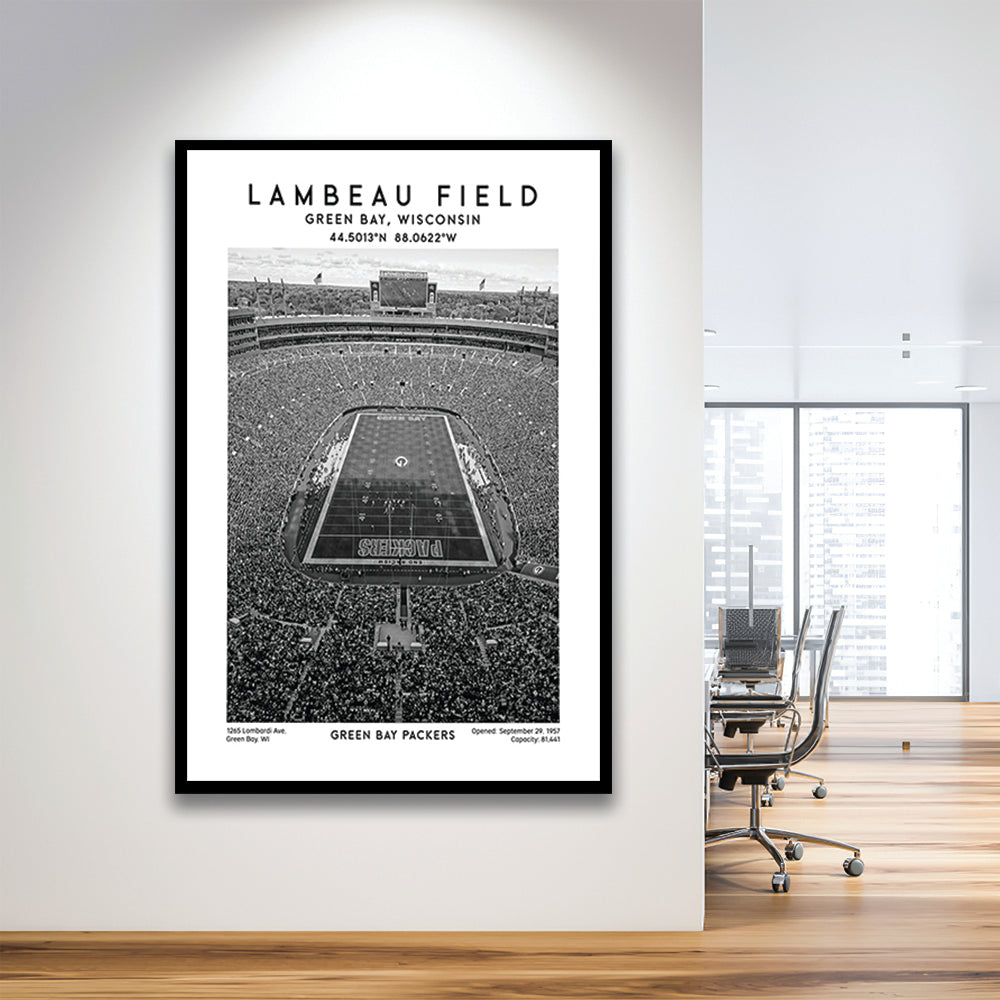 Lambeau Field Stadium Black And White, Green Bay Packers Football Stadium Wall Art Print, Framed Art Prints Wall Decor