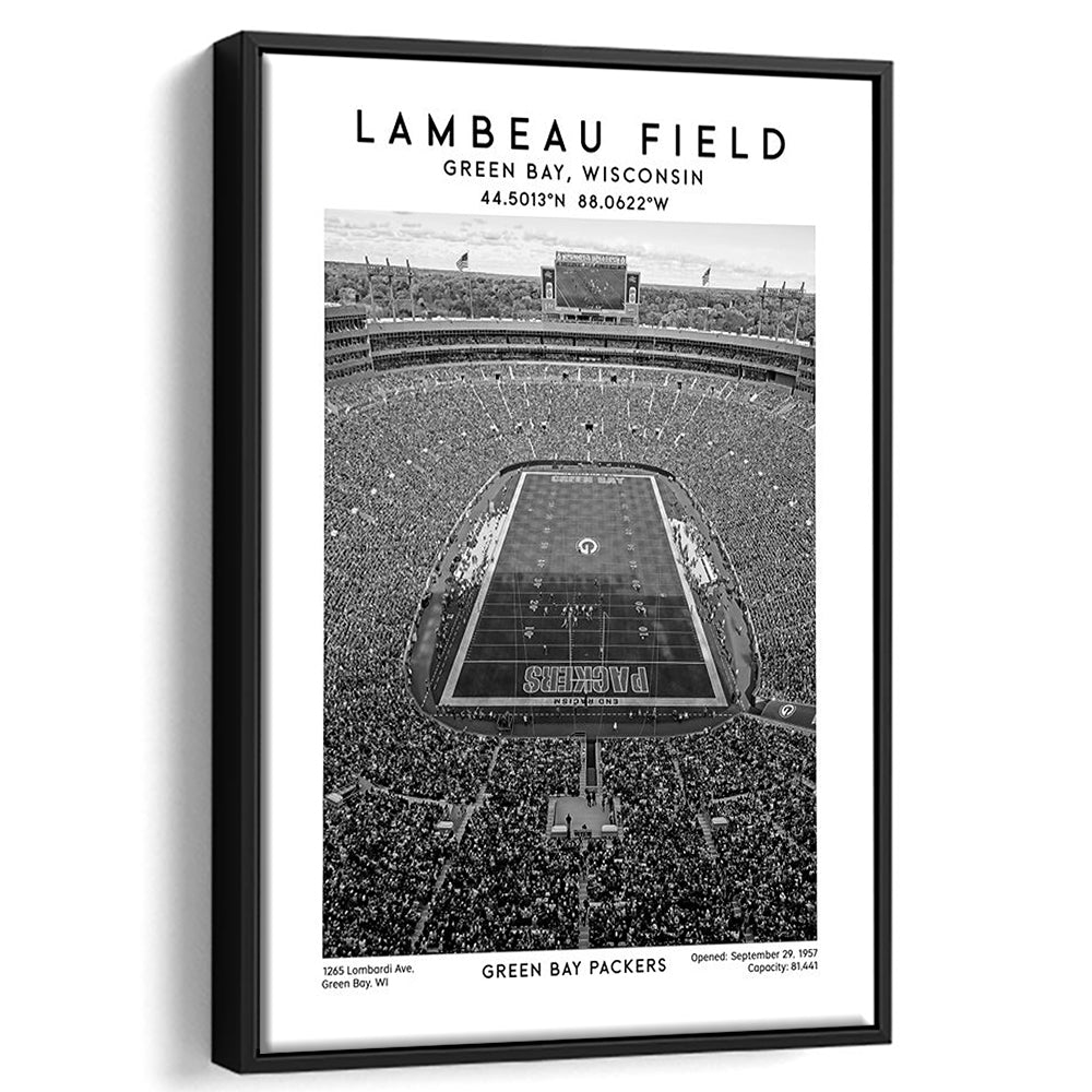 Lambeau Field Stadium Black And White, Green Bay Packers Football Stadium Wall Art Print, Framed Canvas Prints Wall Art