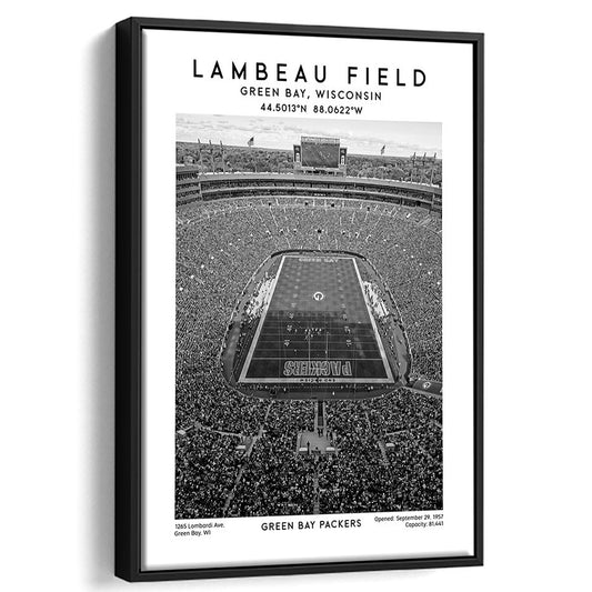 Lambeau Field Stadium Black And White, Green Bay Packers Football Stadium Wall Art Print, Framed Canvas Prints Wall Art