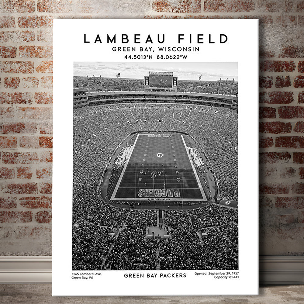Lambeau Field Stadium Black And White, Green Bay Packers Football Stadium Print, Canvas Prints Wall Art, Man Cave Decor