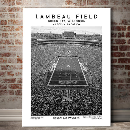 Lambeau Field Stadium Black And White, Green Bay Packers Football Stadium Print, Canvas Prints Wall Art, Man Cave Decor