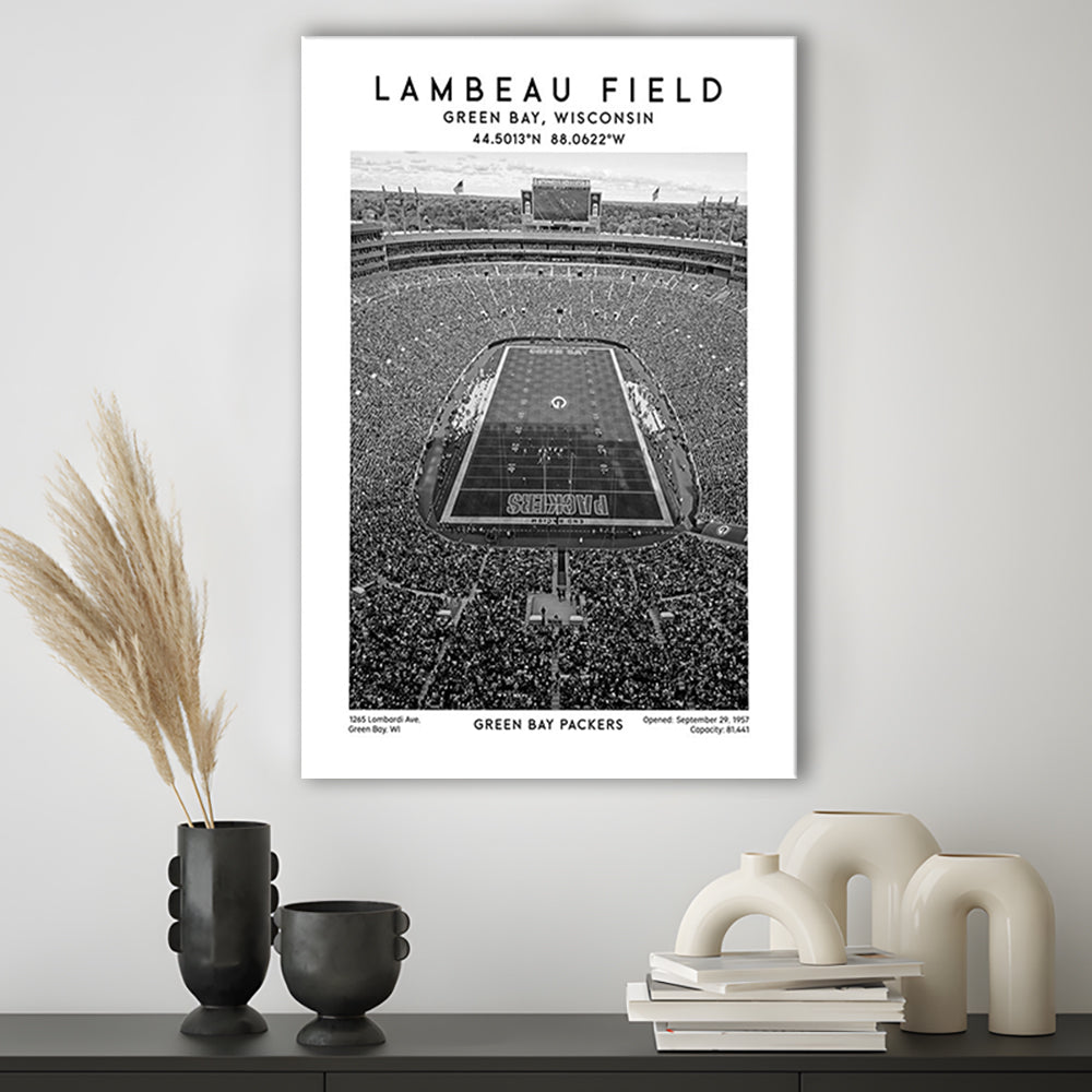 Lambeau Field Stadium Black And White, Green Bay Packers Football Stadium Print, Canvas Prints Wall Art, Man Cave Decor