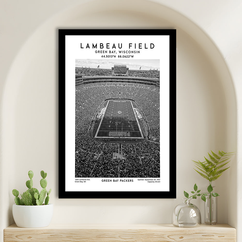 Lambeau Field Stadium Black And White, Green Bay Packers Football Stadium Wall Art Print, Framed Art Prints Wall Decor