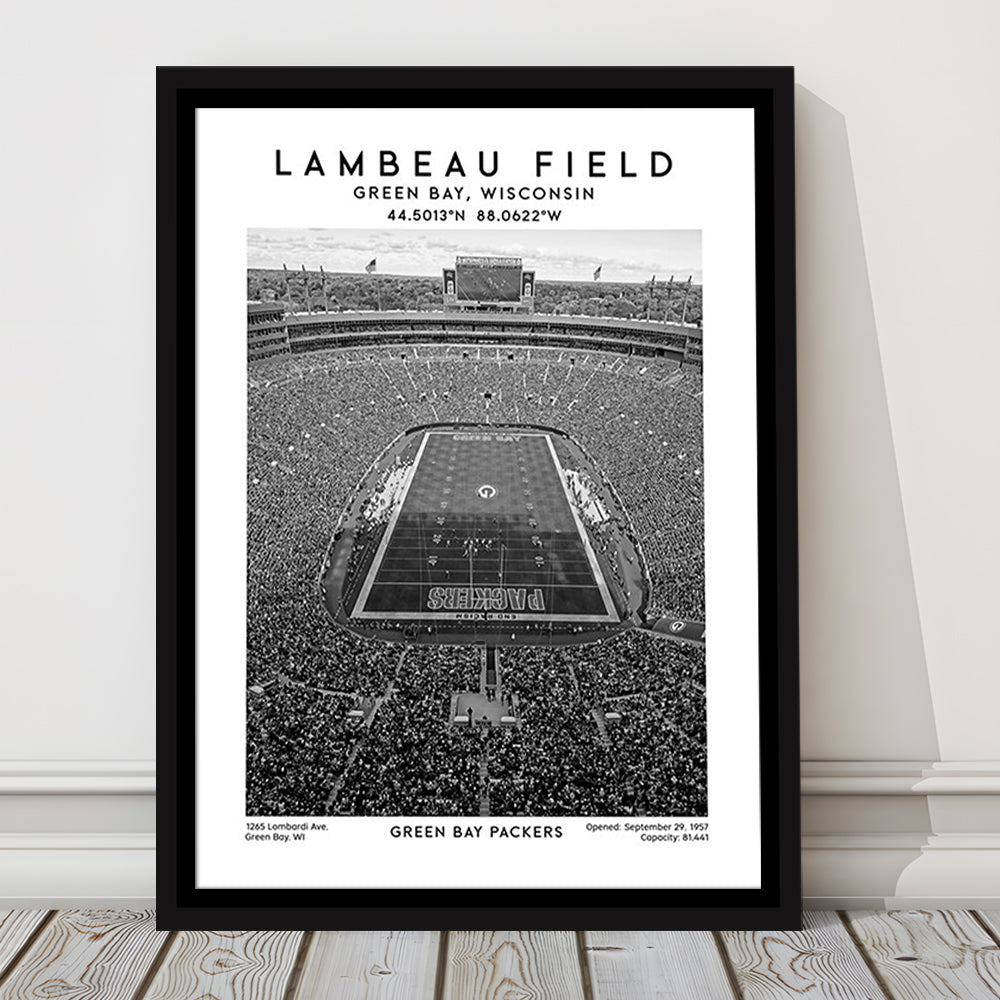 Lambeau Field Stadium Black And White, Green Bay Packers Football Stadium Wall Art Print, Framed Canvas Prints Wall Art