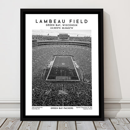 Lambeau Field Stadium Black And White, Green Bay Packers Football Stadium Wall Art Print, Framed Canvas Prints Wall Art