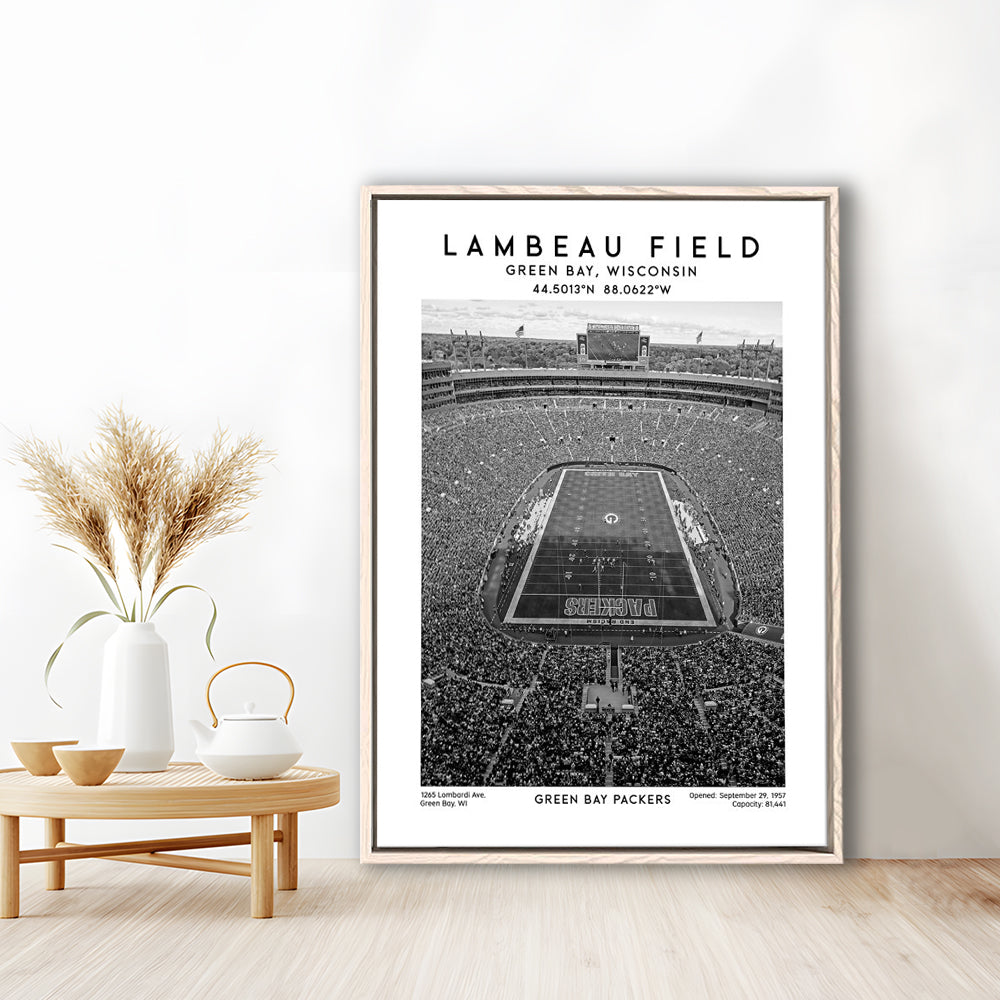 Lambeau Field Stadium Black And White, Green Bay Packers Football Stadium Wall Art Print, Framed Canvas Prints Wall Art