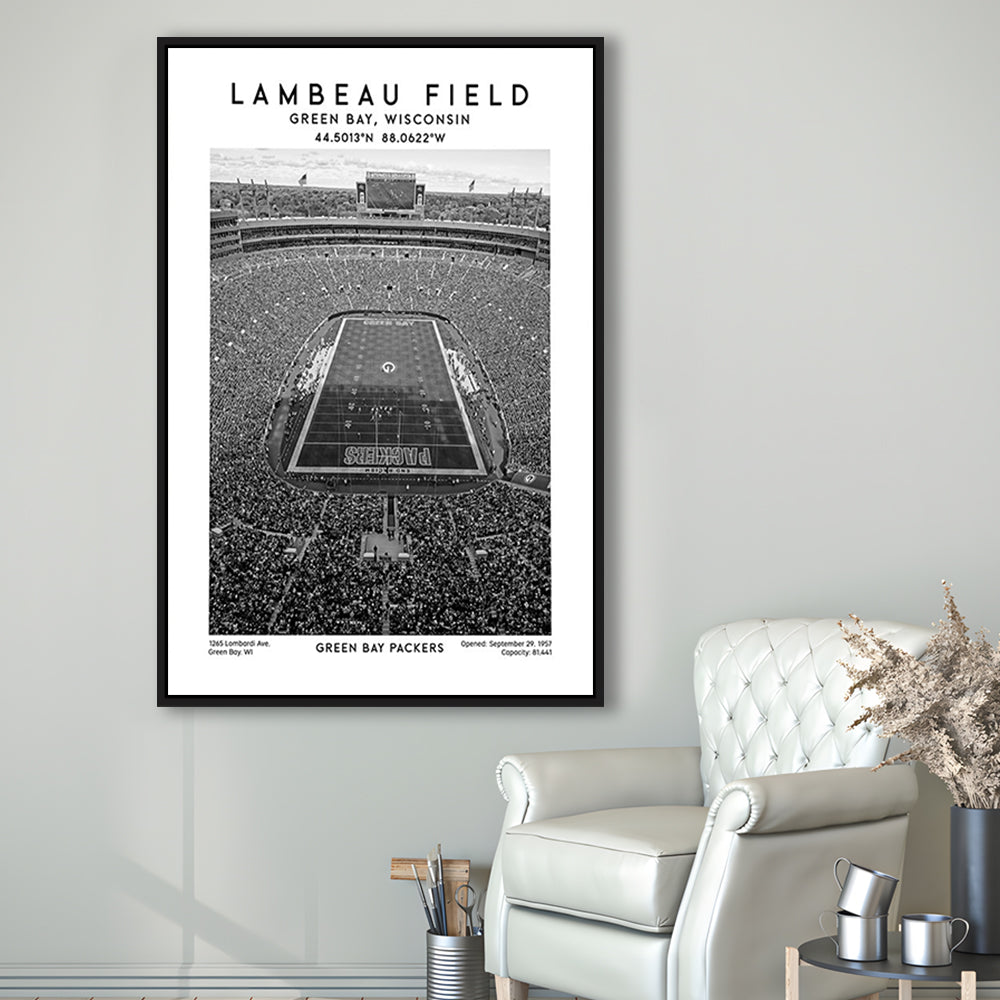 Lambeau Field Stadium Black And White, Green Bay Packers Football Stadium Wall Art Print, Framed Canvas Prints Wall Art
