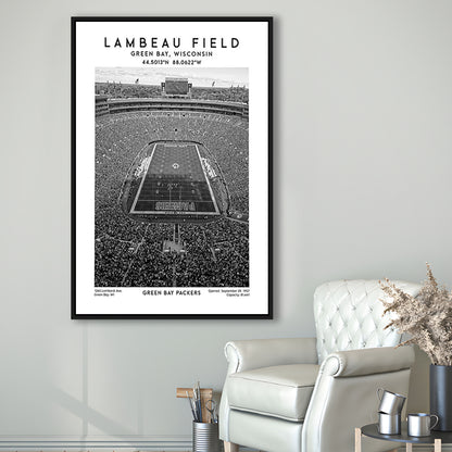 Lambeau Field Stadium Black And White, Green Bay Packers Football Stadium Wall Art Print, Framed Canvas Prints Wall Art