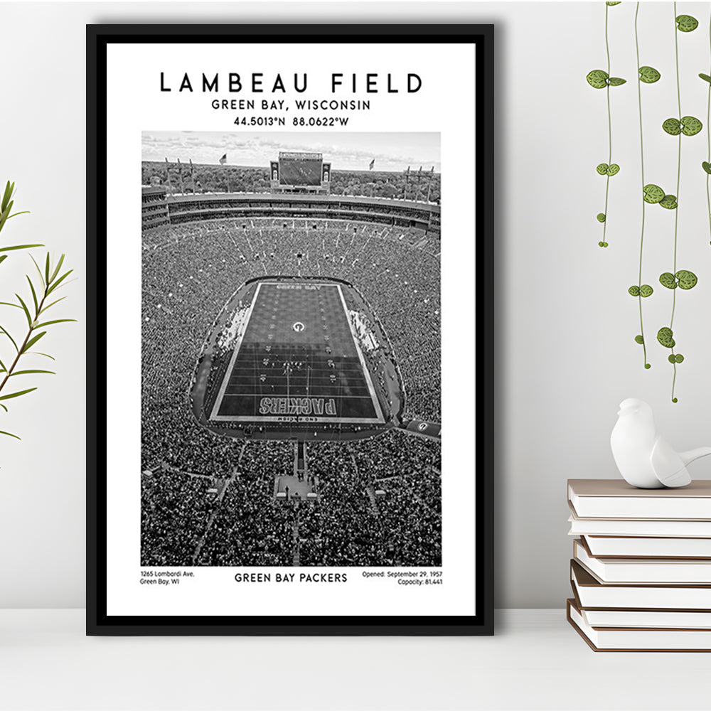 Lambeau Field Stadium Black And White, Green Bay Packers Football Stadium Wall Art Print, Framed Canvas Prints Wall Art