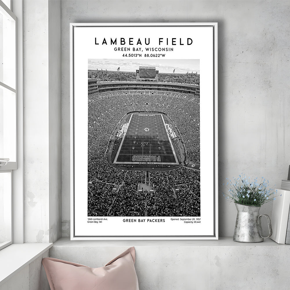 Lambeau Field Stadium Black And White, Green Bay Packers Football Stadium Wall Art Print, Framed Canvas Prints Wall Art