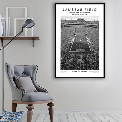 Lambeau Field Stadium Black And White, Green Bay Packers Football Stadium Wall Art Print, Framed Canvas Prints Wall Art
