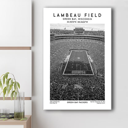 Lambeau Field Stadium Black And White, Green Bay Packers Football Stadium Print, Canvas Prints Wall Art, Man Cave Decor