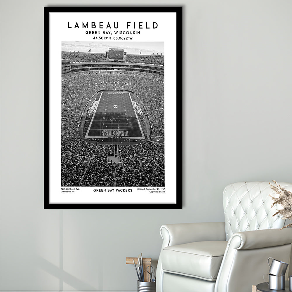 Lambeau Field Stadium Black And White, Green Bay Packers Football Stadium Wall Art Print, Framed Art Prints Wall Decor