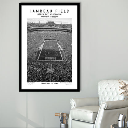 Lambeau Field Stadium Black And White, Green Bay Packers Football Stadium Wall Art Print, Framed Art Prints Wall Decor