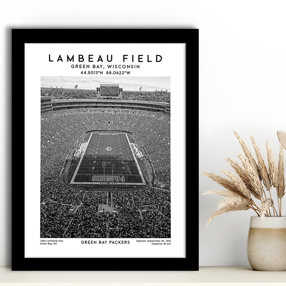 Lambeau Field Stadium Black And White, Green Bay Packers Football Stadium Wall Art Print, Framed Art Prints Wall Decor
