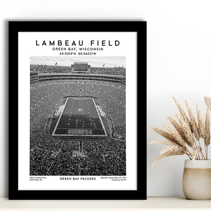 Lambeau Field Stadium Black And White, Green Bay Packers Football Stadium Wall Art Print, Framed Art Prints Wall Decor