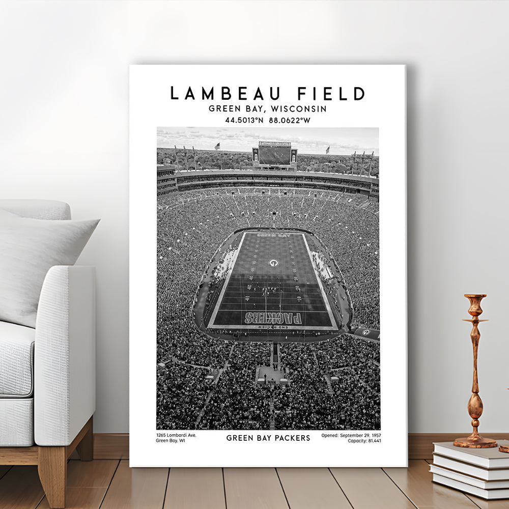Lambeau Field Stadium Black And White, Green Bay Packers Football Stadium Print, Canvas Prints Wall Art, Man Cave Decor