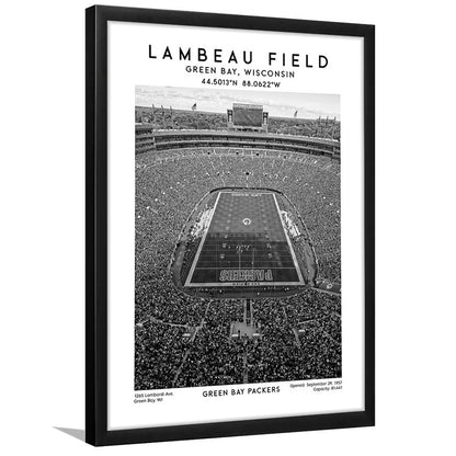 Lambeau Field Stadium Black And White, Green Bay Packers Football Stadium Wall Art Print, Framed Art Prints Wall Decor