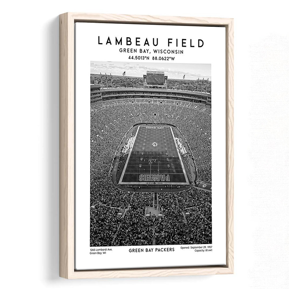Lambeau Field Stadium Black And White, Green Bay Packers Football Stadium Wall Art Print, Framed Canvas Prints Wall Art