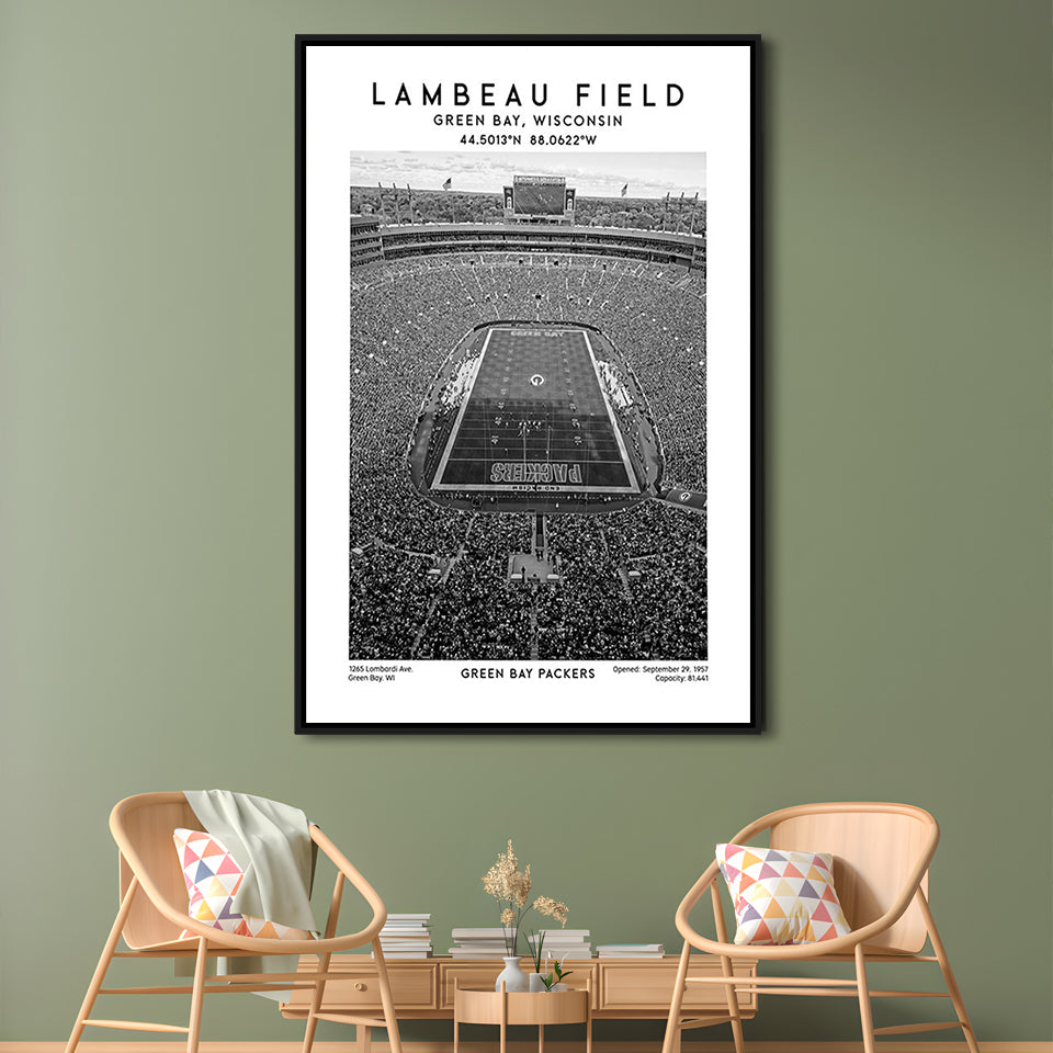 Lambeau Field Stadium Black And White, Green Bay Packers Football Stadium Wall Art Print, Framed Canvas Prints Wall Art