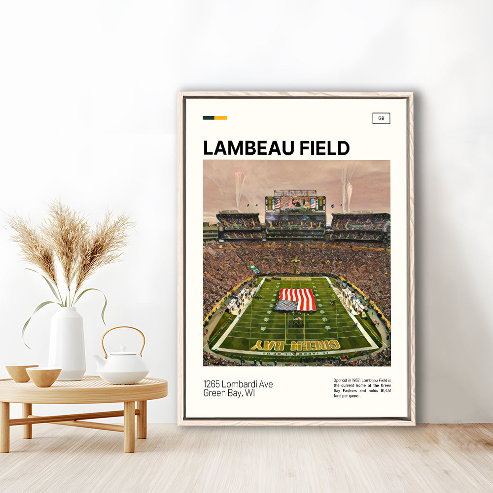Lambeau Field Print, GB Packers Stadium Canvas Art, Man Cave Gift, Floating Framed Canvas Print Wall Art