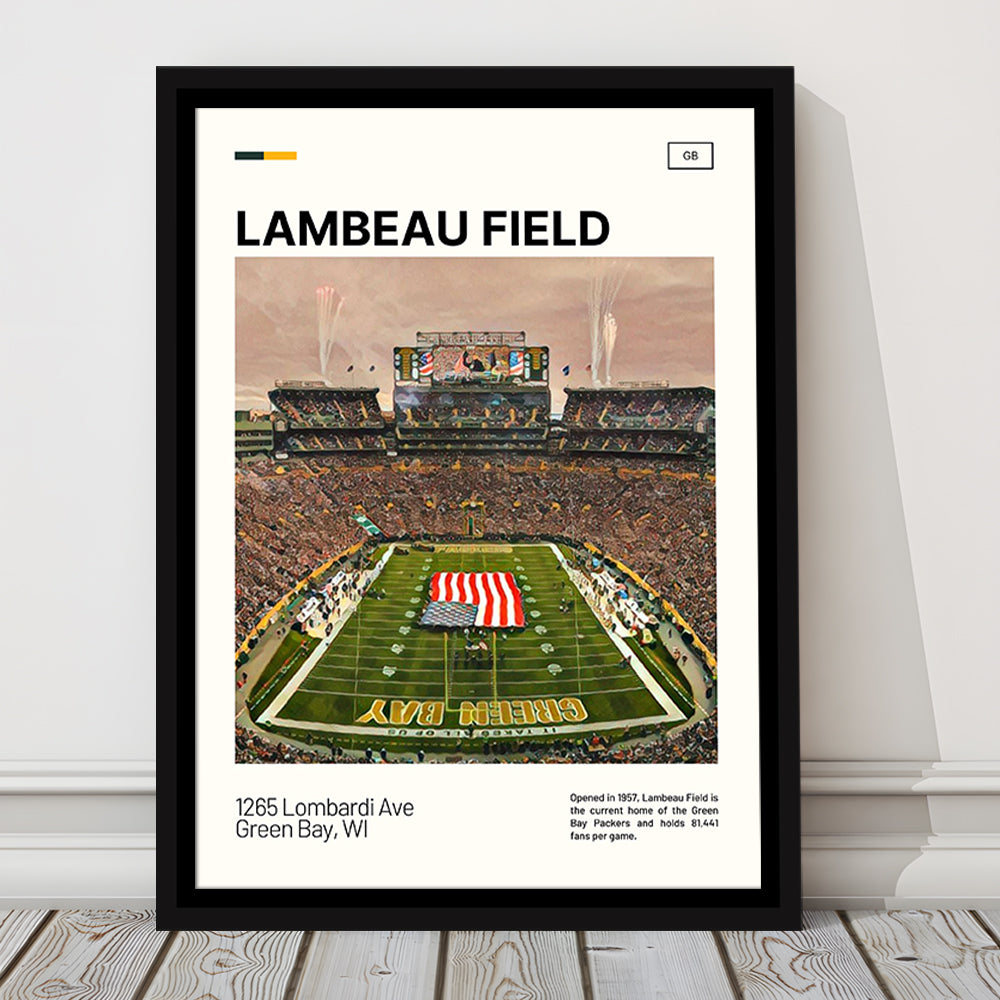 Lambeau Field Print, GB Packers Stadium Canvas Art, Man Cave Gift, Floating Framed Canvas Print Wall Art
