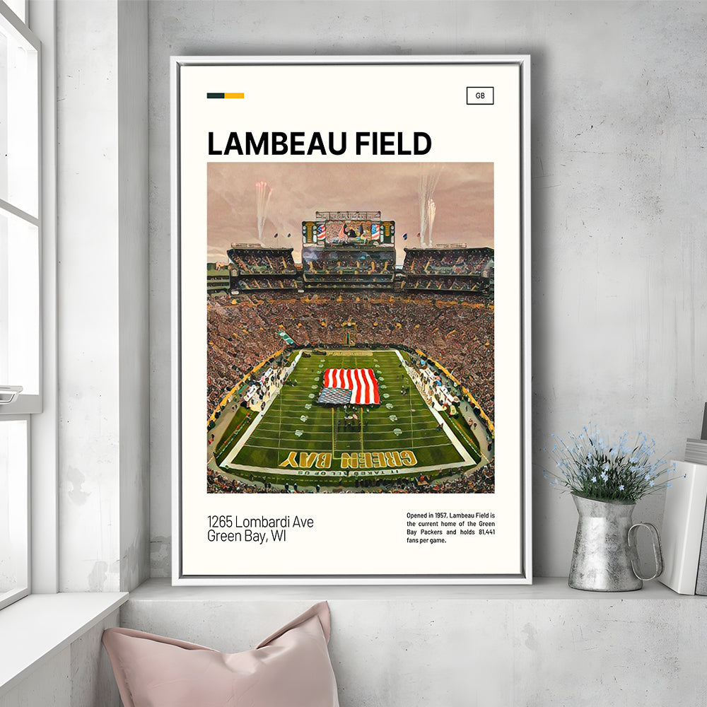 Lambeau Field Print, GB Packers Stadium Canvas Art, Man Cave Gift, Floating Framed Canvas Print Wall Art