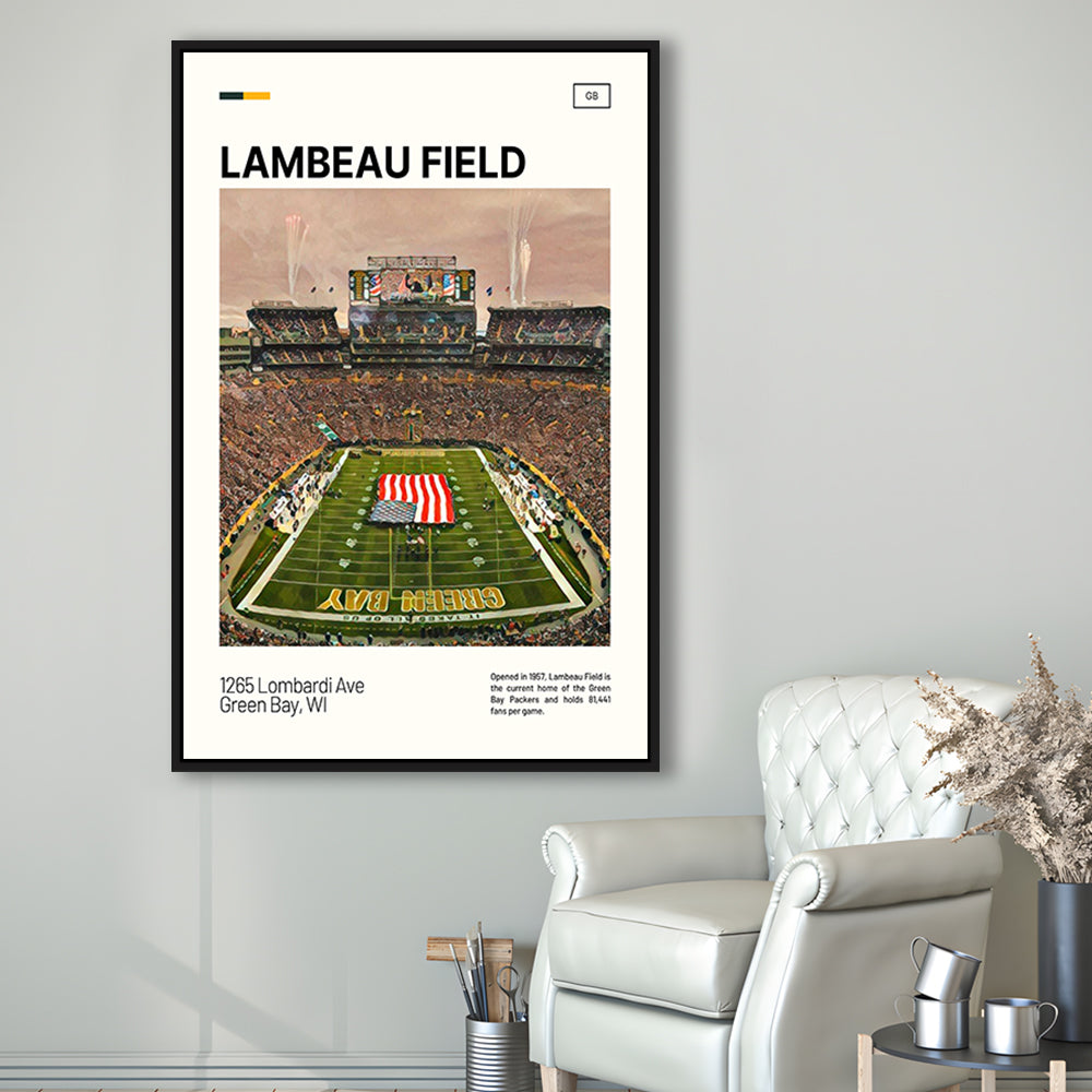 Lambeau Field Print, GB Packers Stadium Canvas Art, Man Cave Gift, Floating Framed Canvas Print Wall Art