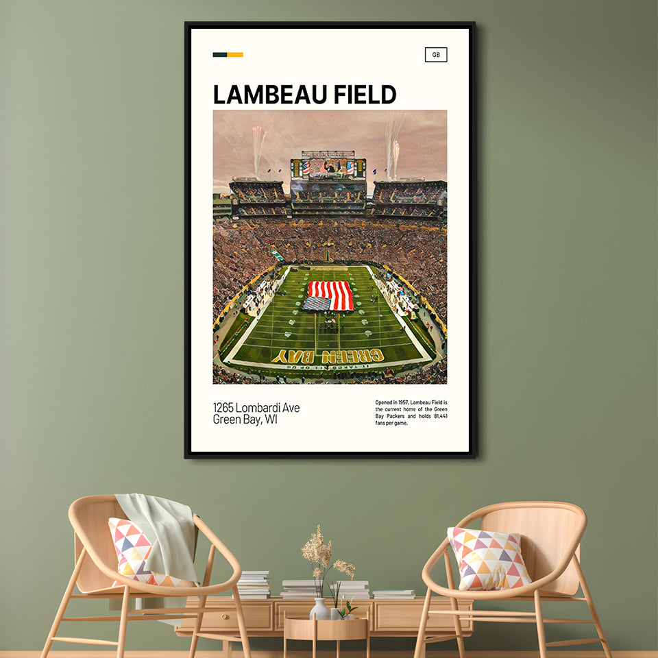 Lambeau Field Print, GB Packers Stadium Canvas Art, Man Cave Gift, Floating Framed Canvas Print Wall Art