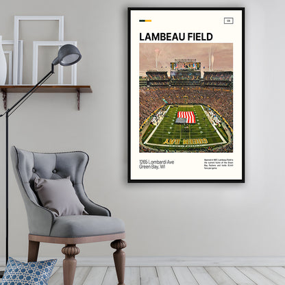Lambeau Field Print, GB Packers Stadium Canvas Art, Man Cave Gift, Floating Framed Canvas Print Wall Art