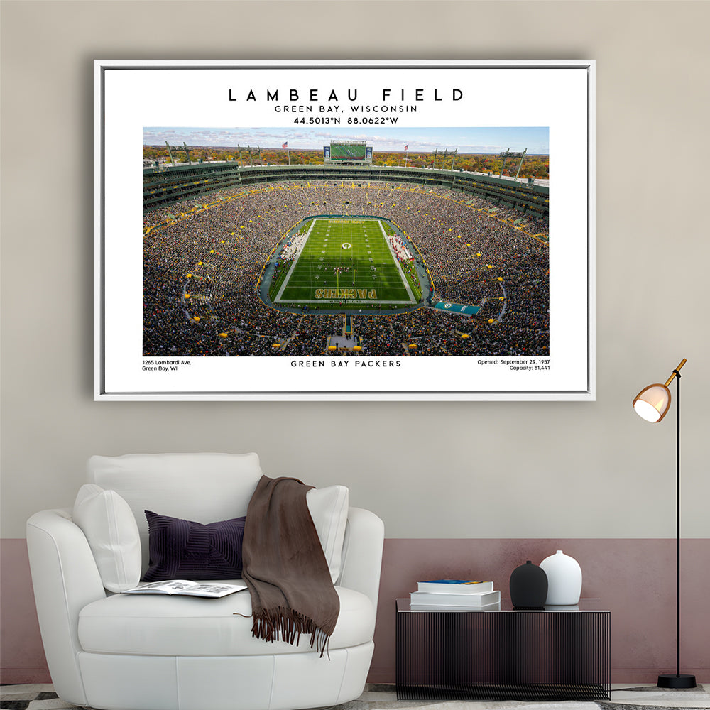 Lambeau Field Print, Green Bay Packers Football Stadium Wall Art, Framed Canvas Print Wall Art