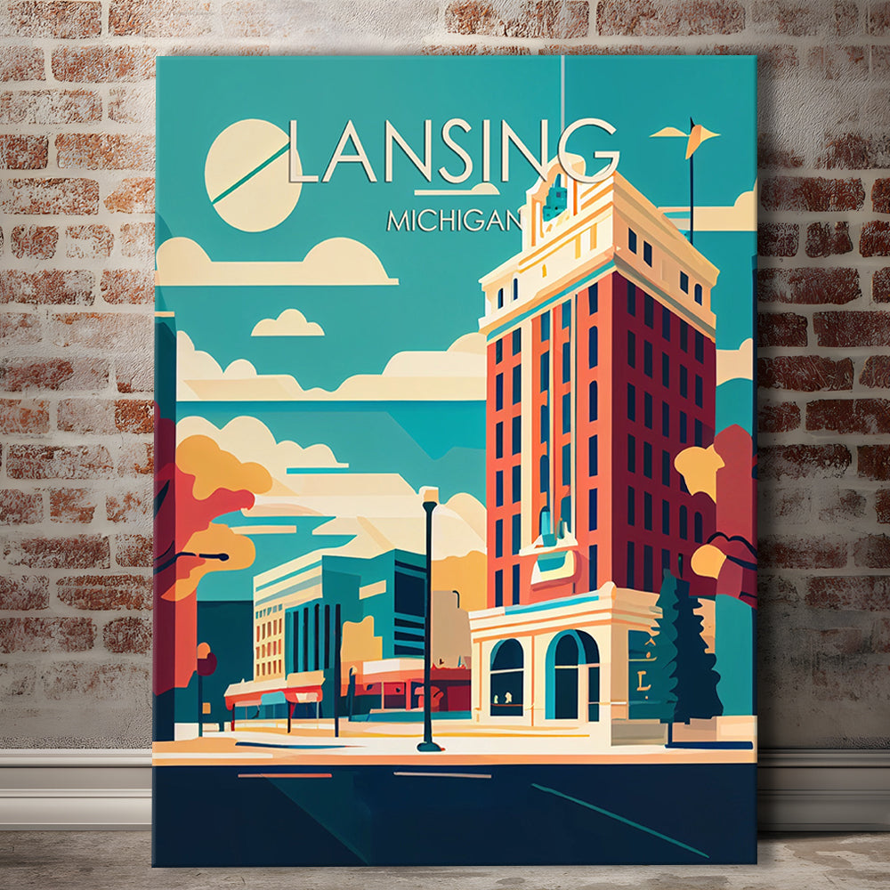 Lansing Michigan Retro Art Print, Lansing City Wall Art, Canvas Print, Painting Canvas, Living Room Decor
