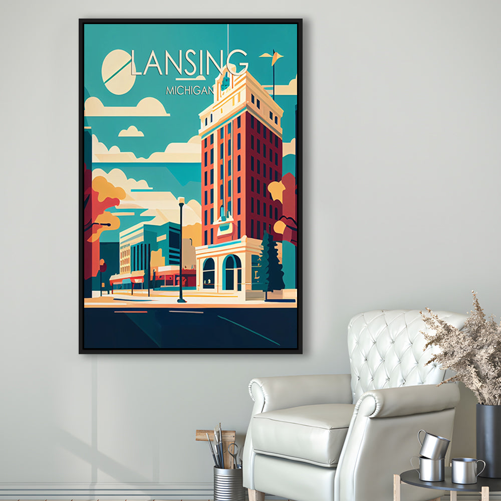 Lansing Michigan Retro Art Print, Lansing City Wall Art, Floating Framed Canvas Print, Framed Picture, Painting Canvas