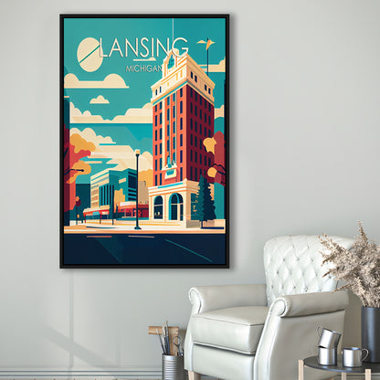 Lansing Michigan Retro Art Print, Lansing City Wall Art, Floating Framed Canvas Print, Framed Picture, Painting Canvas