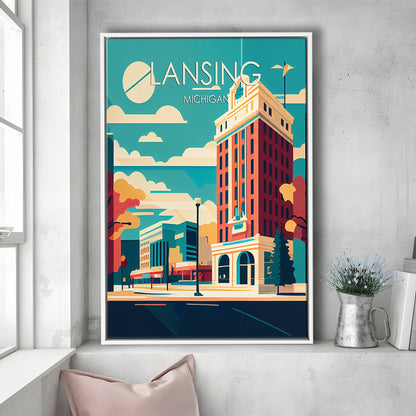 Lansing Michigan Retro Art Print, Lansing City Wall Art, Floating Framed Canvas Print, Framed Picture, Painting Canvas