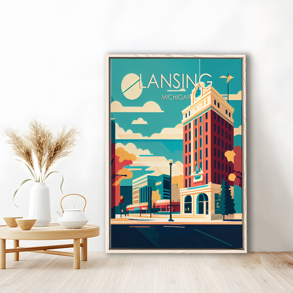 Lansing Michigan Retro Art Print, Lansing City Wall Art, Floating Framed Canvas Print, Framed Picture, Painting Canvas