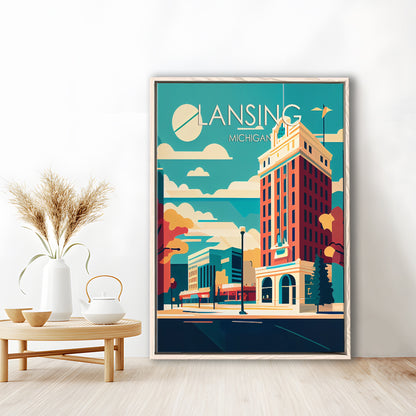 Lansing Michigan Retro Art Print, Lansing City Wall Art, Floating Framed Canvas Print, Framed Picture, Painting Canvas