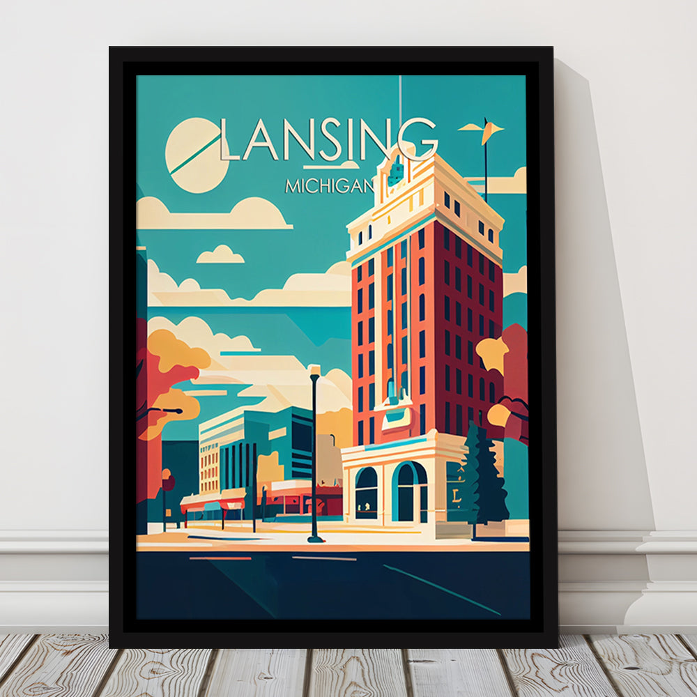Lansing Michigan Retro Art Print, Lansing City Wall Art, Floating Framed Canvas Print, Framed Picture, Painting Canvas