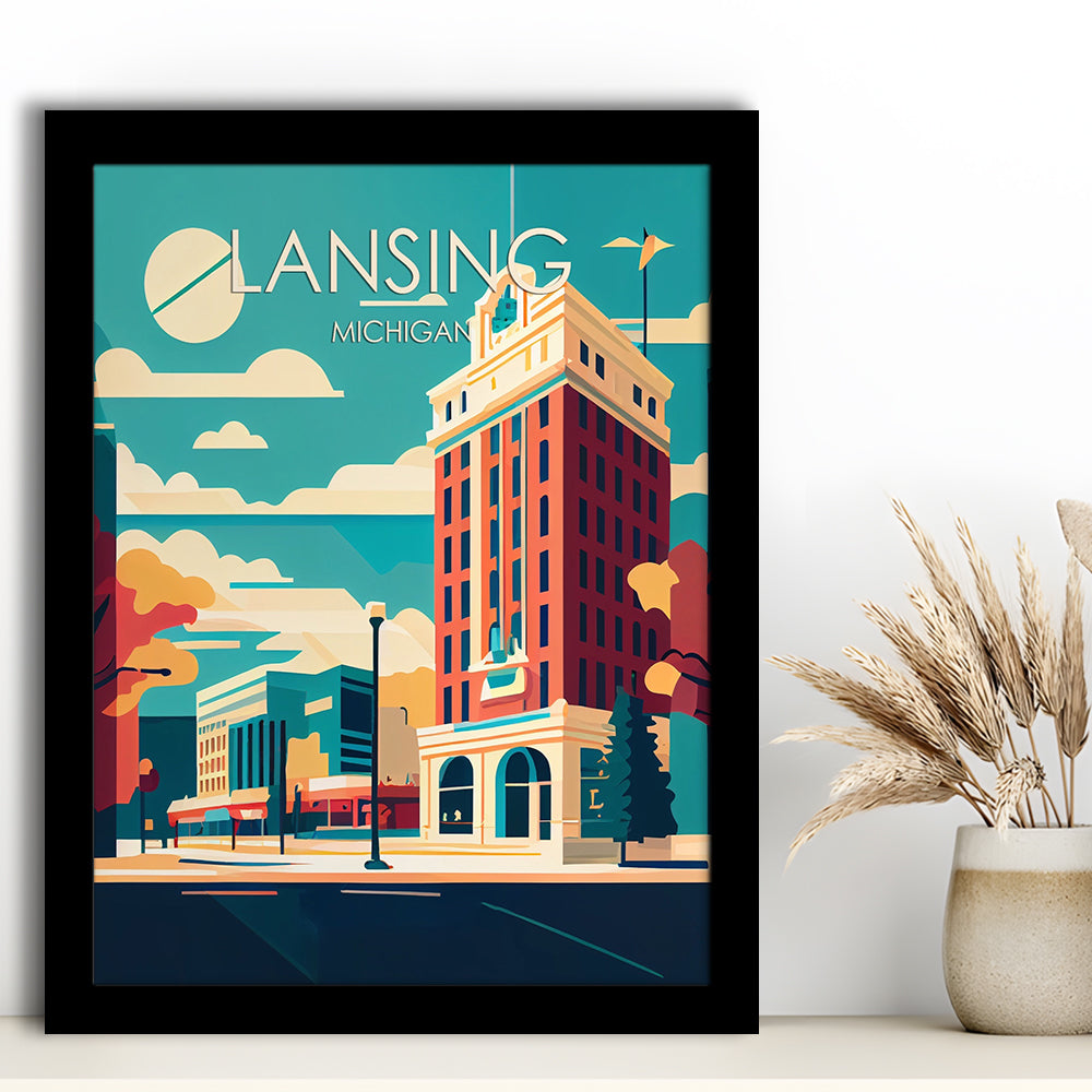 Lansing Michigan Retro Art Print, Lansing City Wall Art, Framed Art Print, Picture Framed, Painting Art