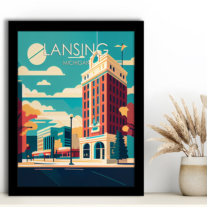 Lansing Michigan Retro Art Print, Lansing City Wall Art, Framed Art Print, Picture Framed, Painting Art