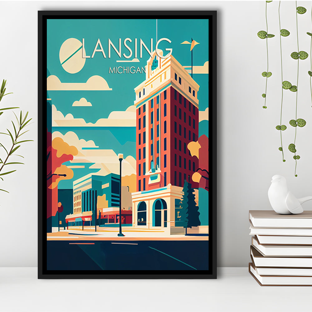 Lansing Michigan Retro Art Print, Lansing City Wall Art, Floating Framed Canvas Print, Framed Picture, Painting Canvas