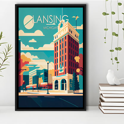 Lansing Michigan Retro Art Print, Lansing City Wall Art, Floating Framed Canvas Print, Framed Picture, Painting Canvas