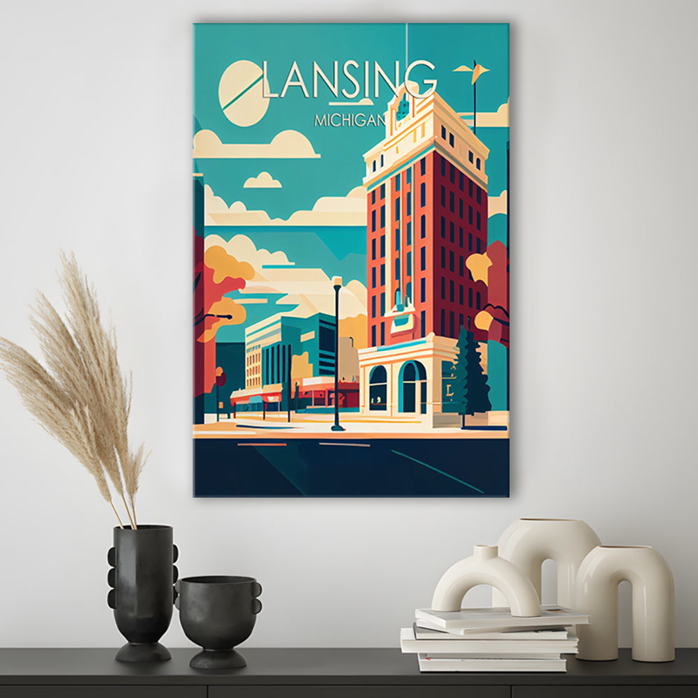 Lansing Michigan Retro Art Print, Lansing City Wall Art, Canvas Print, Painting Canvas, Living Room Decor