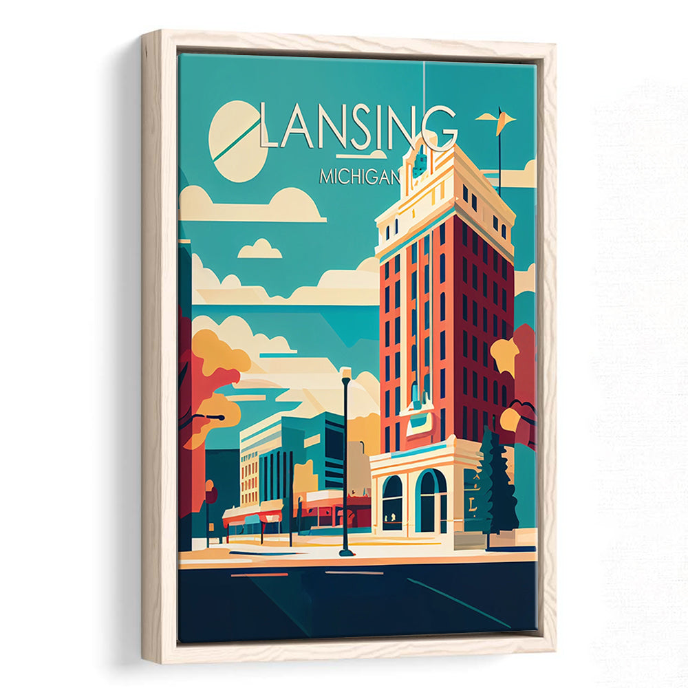 Lansing Michigan Retro Art Print, Lansing City Wall Art, Floating Framed Canvas Print, Framed Picture, Painting Canvas