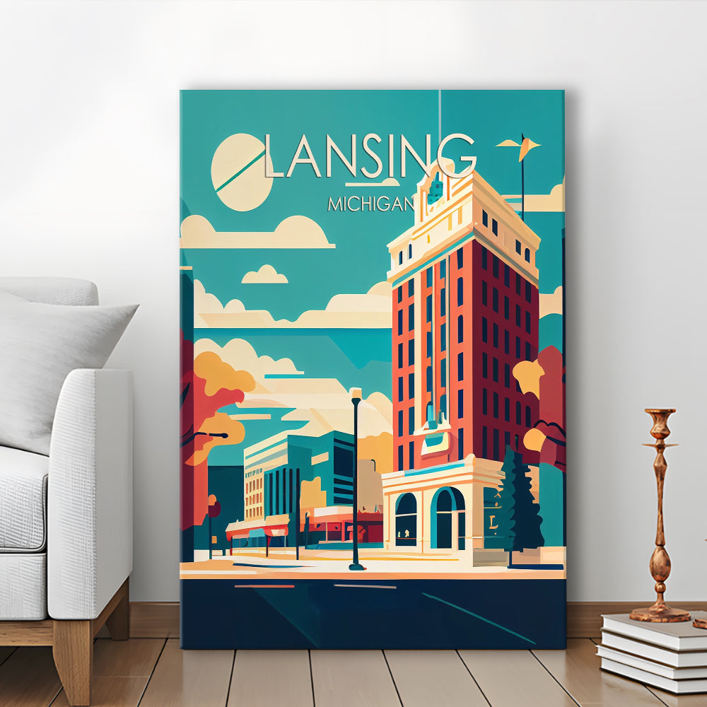 Lansing Michigan Retro Art Print, Lansing City Wall Art, Canvas Print, Painting Canvas, Living Room Decor