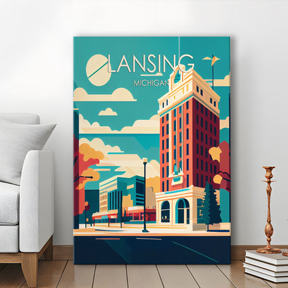 Lansing Michigan Retro Art Print, Lansing City Wall Art, Canvas Print, Painting Canvas, Living Room Decor