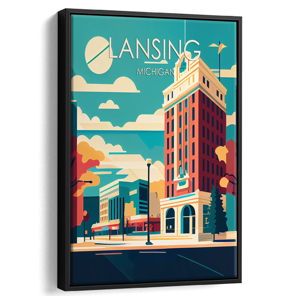 Lansing Michigan Retro Art Print, Lansing City Wall Art, Floating Framed Canvas Print, Framed Picture, Painting Canvas