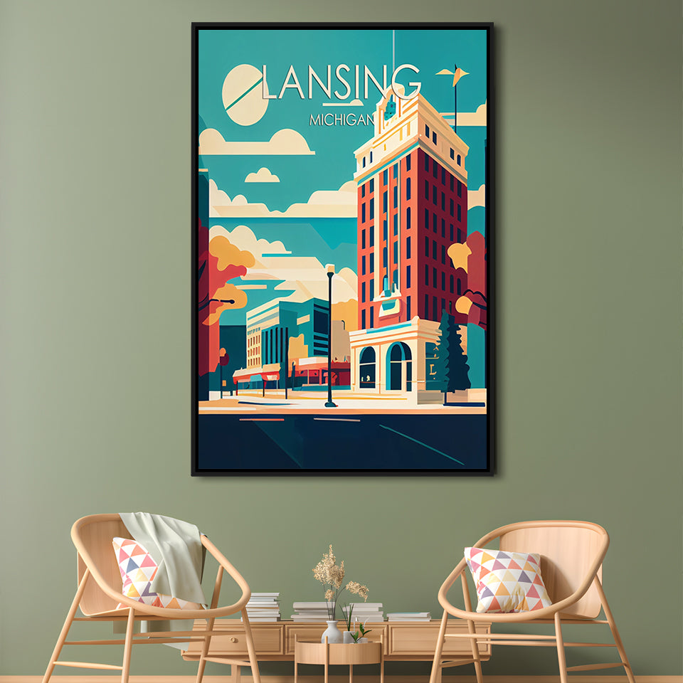 Lansing Michigan Retro Art Print, Lansing City Wall Art, Floating Framed Canvas Print, Framed Picture, Painting Canvas