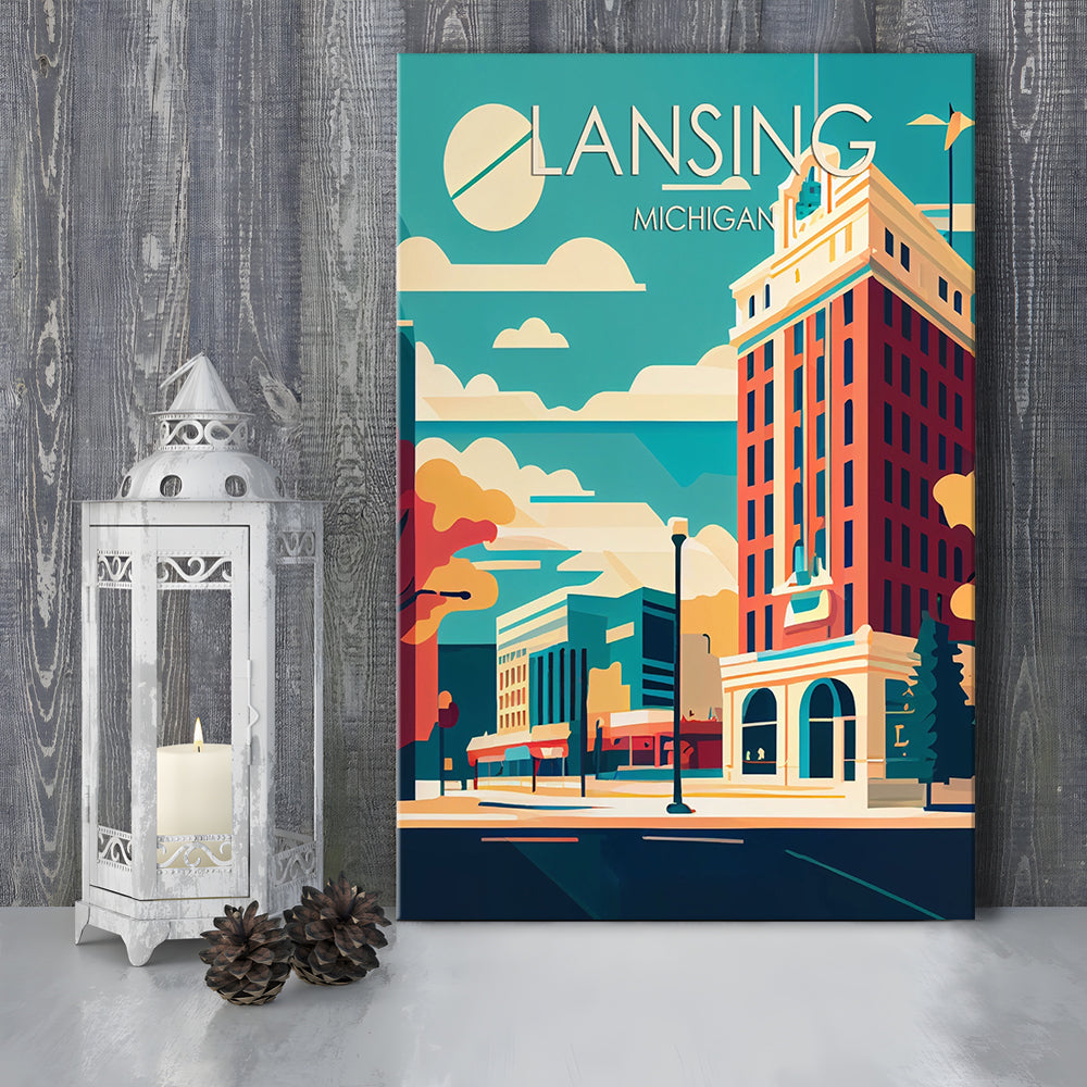 Lansing Michigan Retro Art Print, Lansing City Wall Art, Canvas Print, Painting Canvas, Living Room Decor
